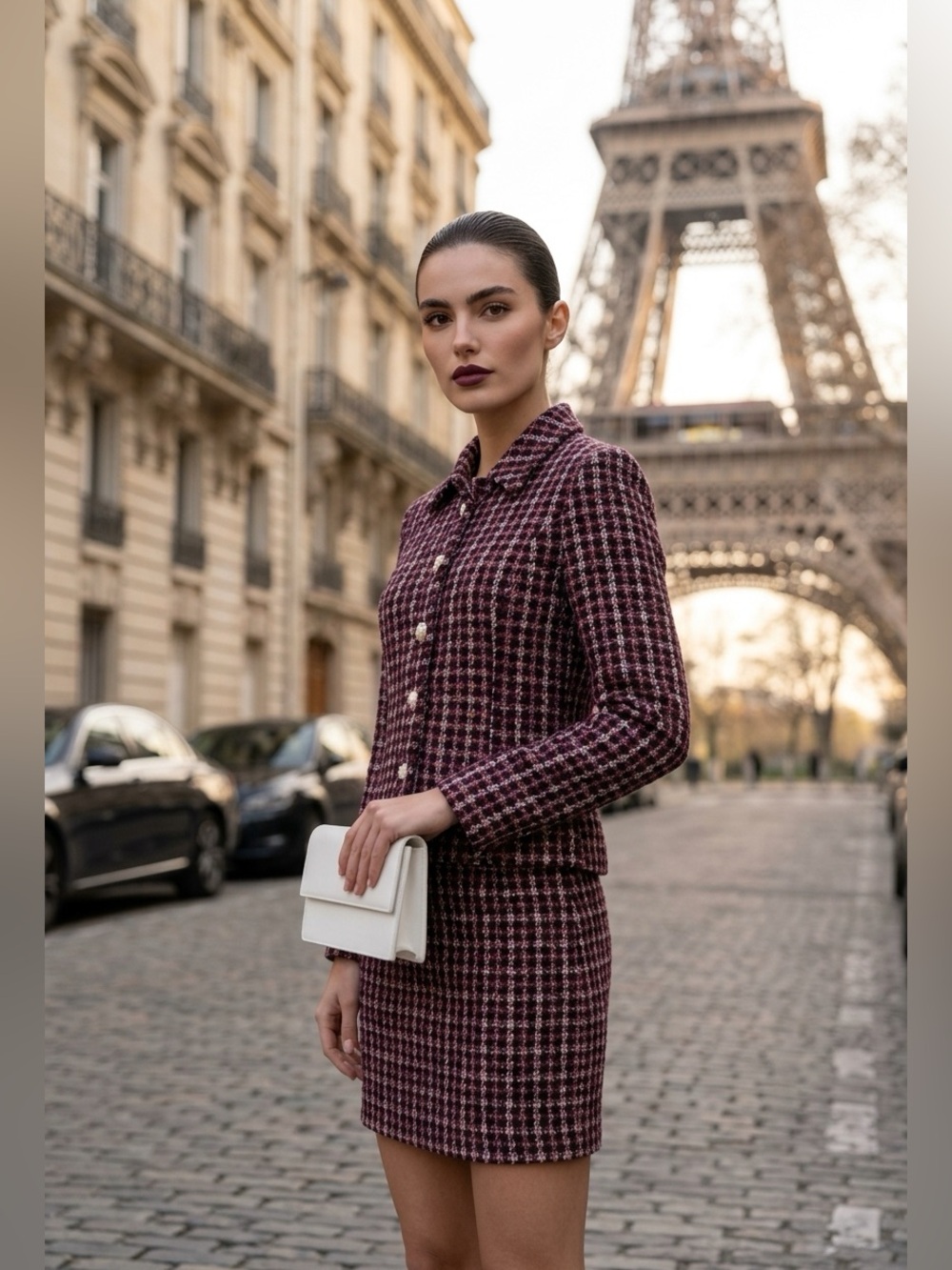 Just Me Skirt Suit Set Womens S Burgundy red orange Navy Tweed Plaid Lined 2pc - Picture 1 of 6